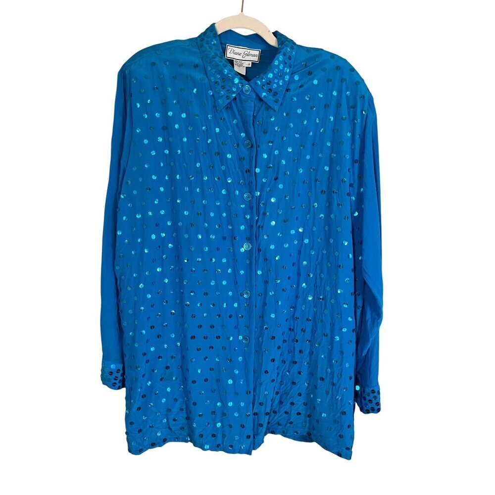 Diane Gilman Silk Sequin Top Blue 1X Glam Classic Tank Shimmer Artsy Workwear